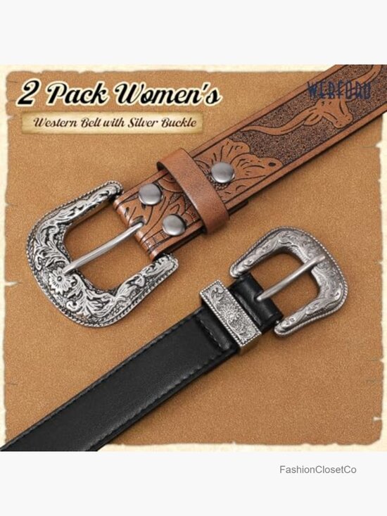 2 Pack Women Faux Leather Western Belts with Big Silver Buckle main image 6